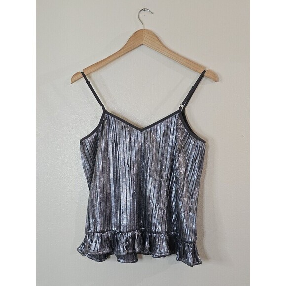 Anthropologie Sequin Cami Top Womens Size 4 Amelie Blouse Pleated Peplum Silver - Picture 5 of 11
